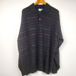 Vintage Louis Roth Textured Knit Black Colorful Polo Sweater Men's Size XLT Tall